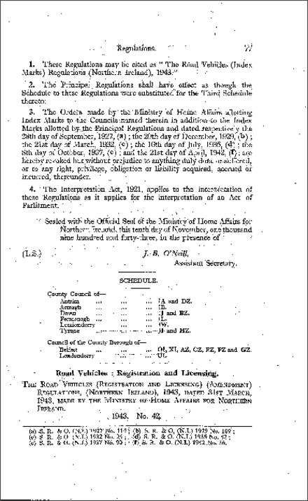 The Road Vehicles (Registration and Licensing) (Amendment) Regulations (Northern Ireland) 1943