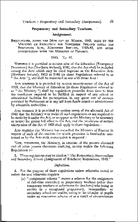 The Preparatory, Intermediate and Secondary School (Assignment of Teachers) Regulations (Northern Ireland) 1943
