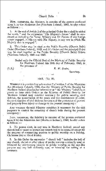 The Public Security (Church Bells) (No. 2) Order (Northern Ireland) 1943