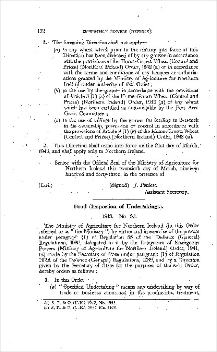 The Food (Inspection of Undertakings) Order (Northern Ireland) 1943