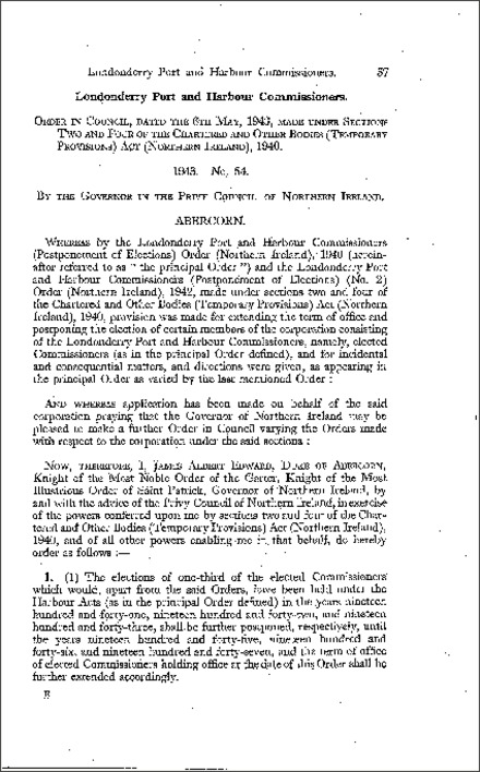 The Londonderry Port and Harbour Commissioners (Postponement of Elections) (No. 3) Order (Northern Ireland) 1943
