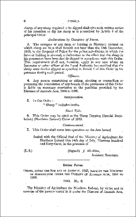 The Swine Fever (Emergency Sale) Order (Northern Ireland) 1943