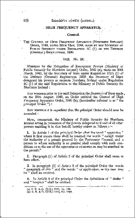 The Control of High Frequency Apparatus Order (Northern Ireland) 1943