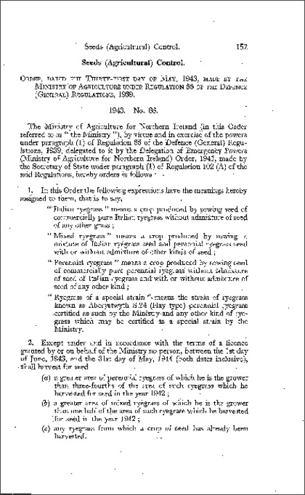 The Ryegrass (Control of Harvesting) Order (Northern Ireland) 1943