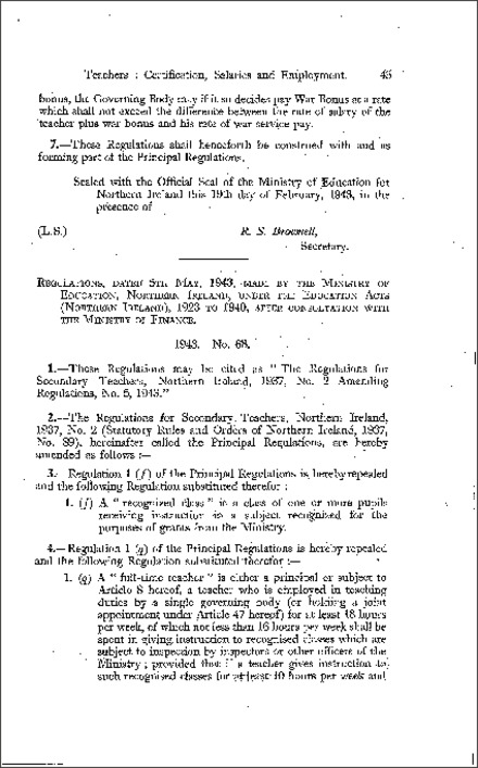 The Secondary Teachers Amending No. 5 Regulations (Northern Ireland) 1943