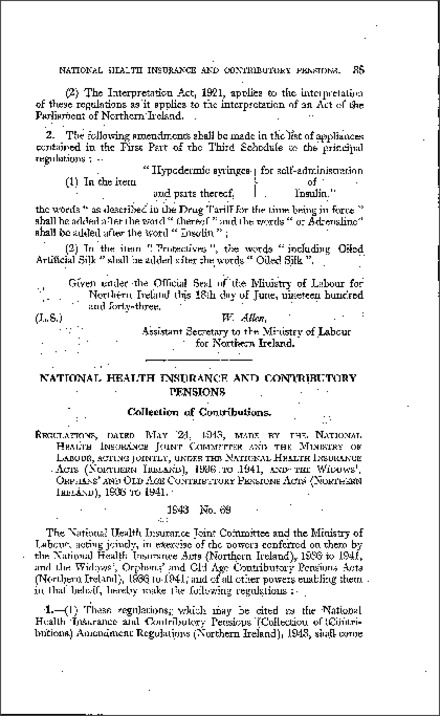 The National Health Insurance and Contributory Pensions (Collection of Contributions) Amendment Regulations (Northern Ireland) 1943