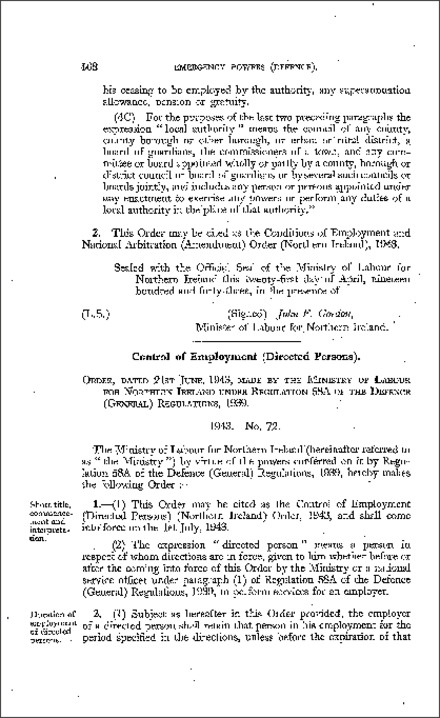 The Control of Employment (Directed Persons) Order (Northern Ireland) 1943