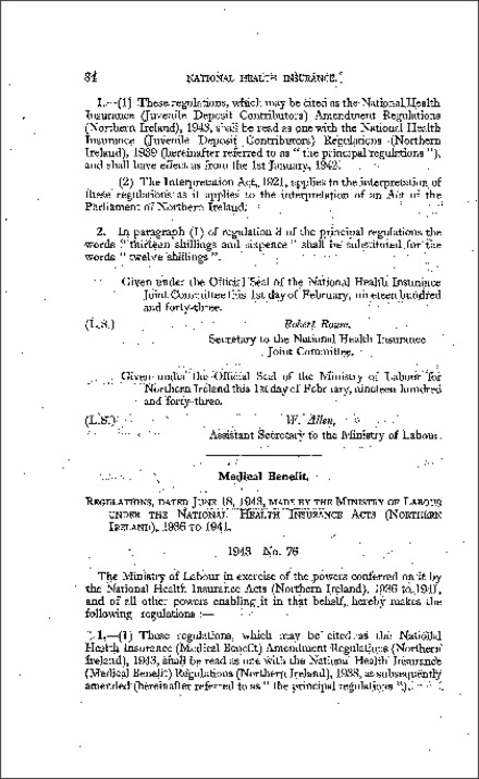 The National Health Insurance (Medical Benefit) Amendment Regulations (Northern Ireland) 1943