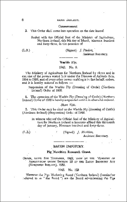 The Warble Fly (Dressing of Cattle) (Suspension) Order (Northern Ireland) 1943