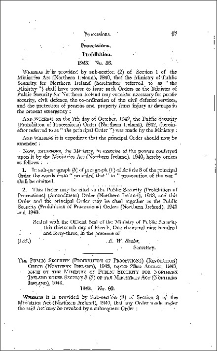 The Public Security (Prohibition of Processions) (Revocation) Order (Northern Ireland) 1943