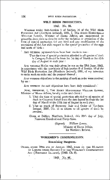 The Workmen's Compensation (Examining Surgeons) Order (Northern Ireland) 1943
