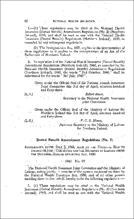 The National Health Insurance (Dental Benefit) Amendment No. 3 Regulations (Northern Ireland) 1943
