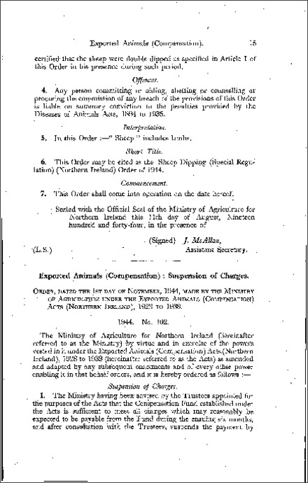 The Exported Animals (Compensation) (Suspension of Charges) Order (Northern Ireland) 1944