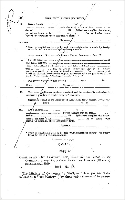 The Coal Supply (Temporary Provisions) Order (Northern Ireland) 1944