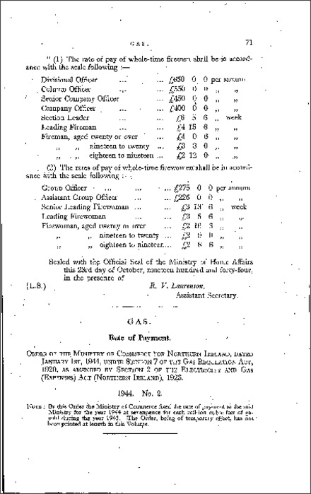 The Rate of Payment to Ministry of Commerce Order (Northern Ireland) 1944
