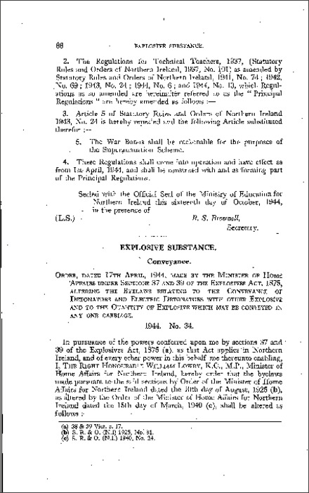 The Explosive Substance (Conveyance) Order (Northern Ireland) 1944