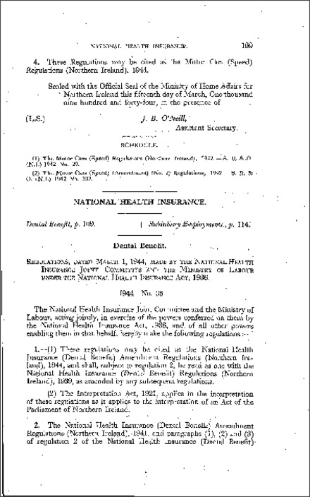 The National Health Insurance (Dental Benefit) Amendment Regulations (Northern Ireland) 1944