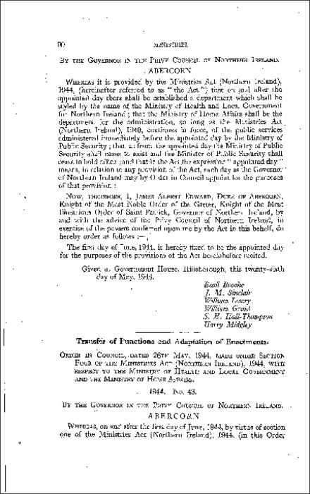 The Ministries (Transfer of Functions) (No. 1) Order (Northern Ireland) 1944
