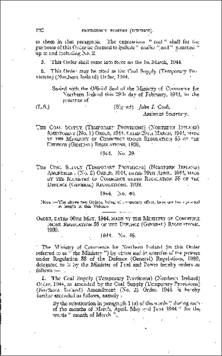 The Coal Supply (Temporary Provisions) Amendment (No. 3) Order (Northern Ireland) 1944