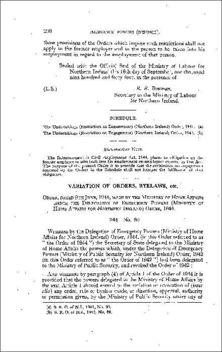 The Variation of Orders, Byelaws, etc. Order (Northern Ireland) 1944