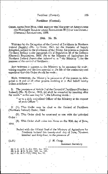 The Control of Fertilisers Order (Northern Ireland) 1944