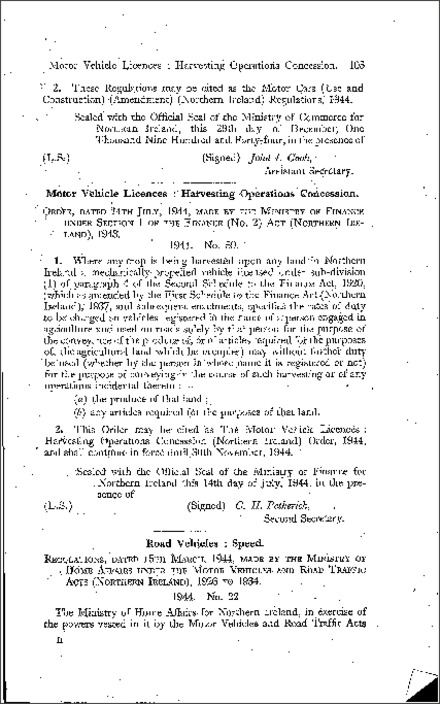 The Motor Vehicle Licences: Harvesting Operations Concession Order (Northern Ireland) 1944