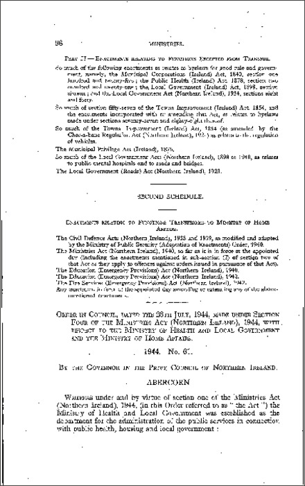 The Ministries (Transfer of Functions) (No. 2) Order (Northern Ireland) 1944