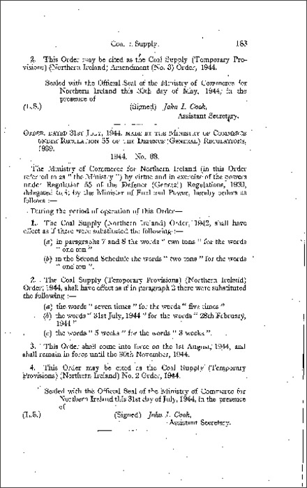 The Coal Supply (Temporary Provisions) No. 2 Order (Northern Ireland) 1944