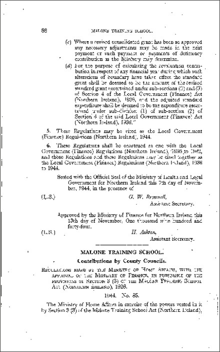 The Malone Training School Regulations (Northern Ireland) 1944