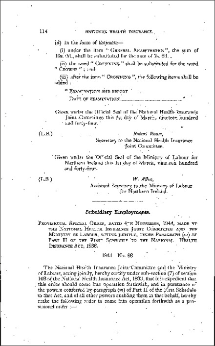 The National Health Insurance (Subsidiary Employments) Amendment Order (Northern Ireland) 1944