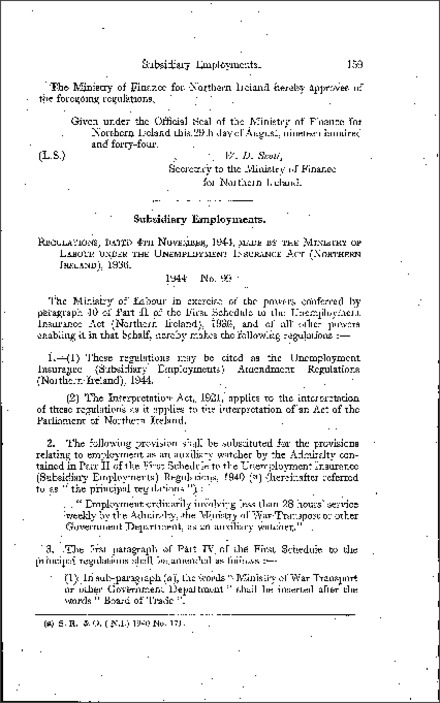 The Unemployment Insurance (Subsidiary Employments) Amendment Regulations (Northern Ireland) 1944