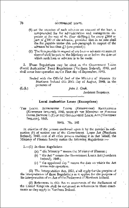 The Local Authorities Loans (Exemption) Regulations (Northern Ireland) 1945