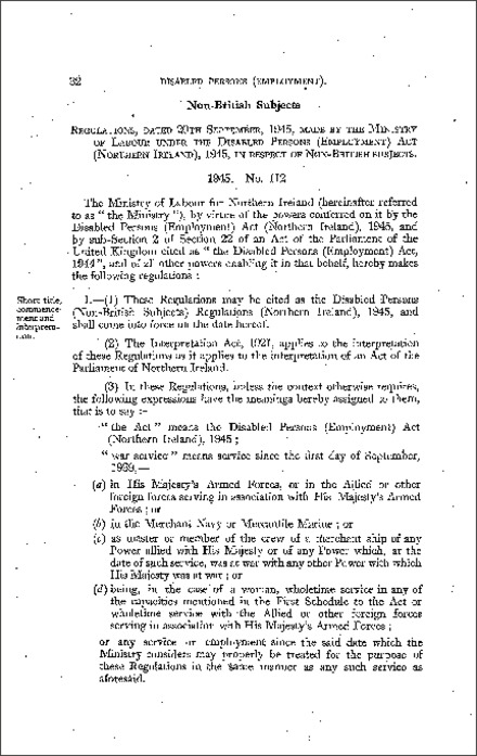 The Disabled Persons (Non-British Subjects) Regulations (Northern Ireland) 1945