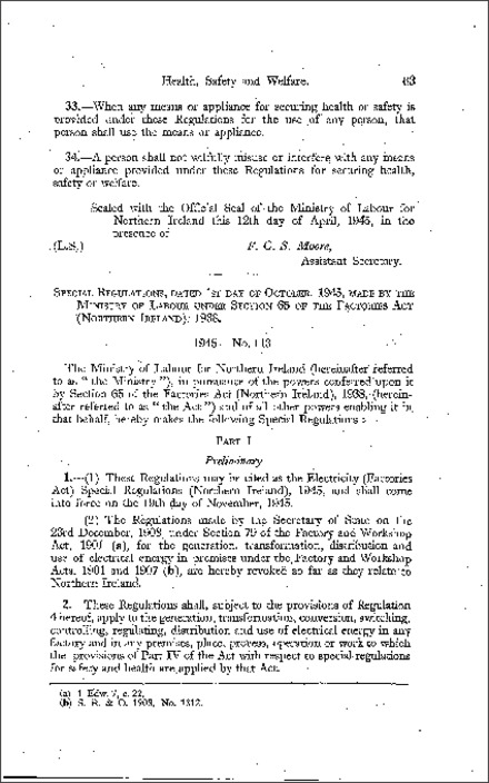The Electricity (Factories Act) Special Regulations (Northern Ireland) 1945
