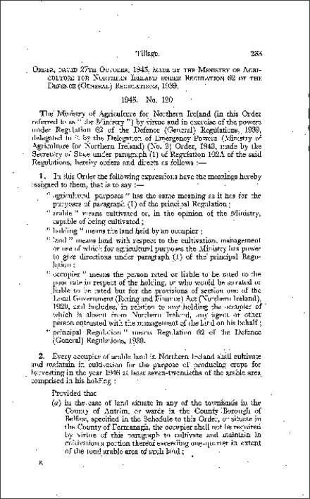 The Tillage General Order (Northern Ireland) 1945