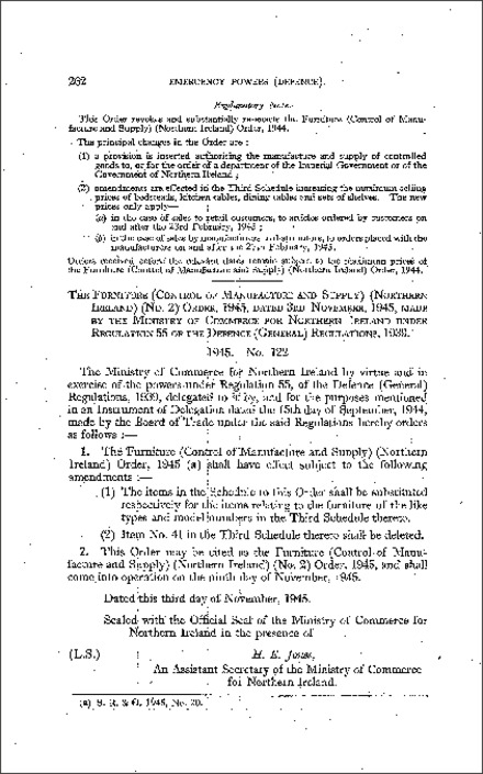 The Furniture (Control of Manufacture and Supply) (No. 2) Order (Northern Ireland) 1945