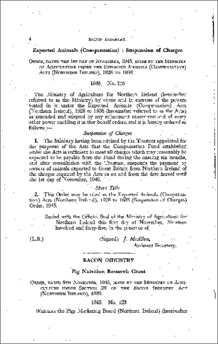 The Exported Animals (Compensation) (Suspension of Charges) Order (Northern Ireland) 1945
