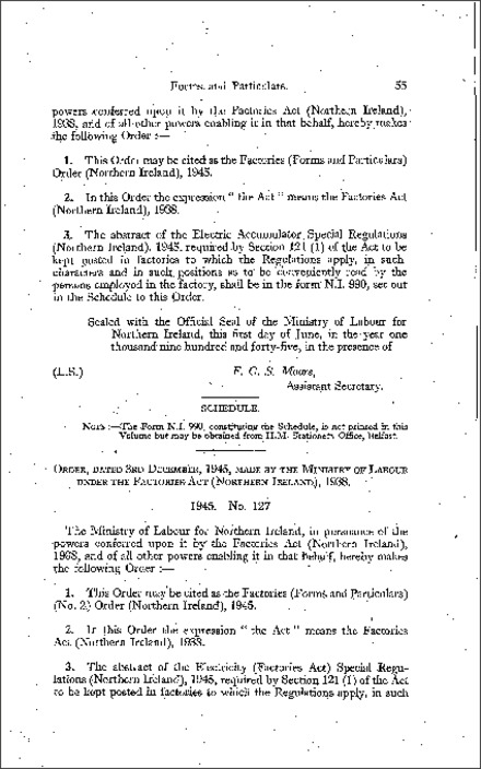 The Factories (Forms and Particulars) (No. 2) Order (Northern Ireland) 1945