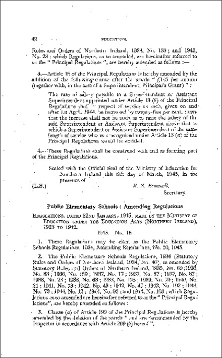 The Public Elementary Schools Amendment No. 20 Regulations (Northern Ireland) 1945
