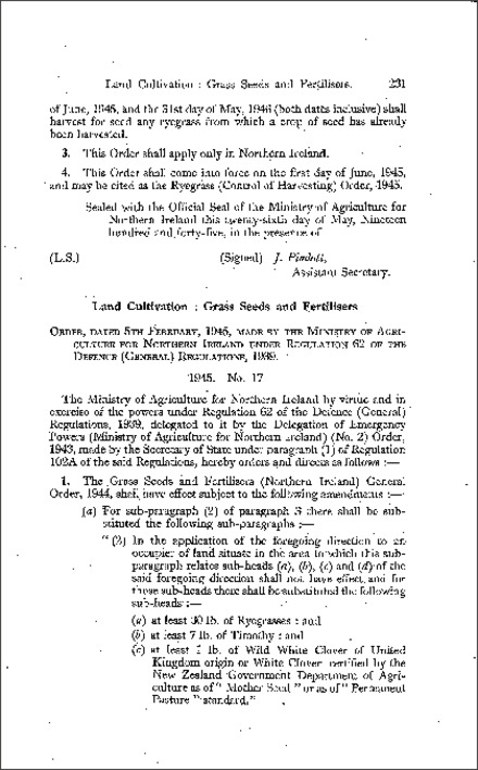 The Grass Seeds and Fertilisers Amendment Order (Northern Ireland) 1945
