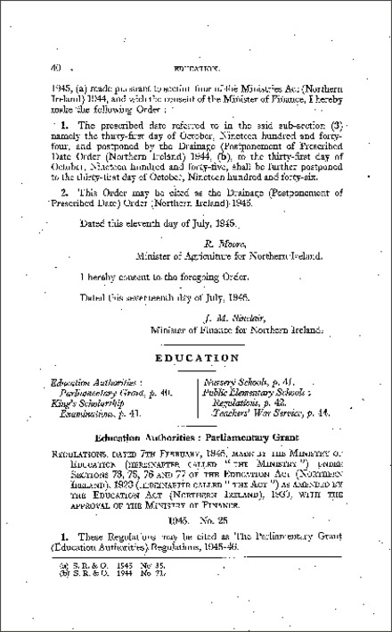 The Parliamentary Grant (Education Authorities) Regulations (Northern Ireland) 1945