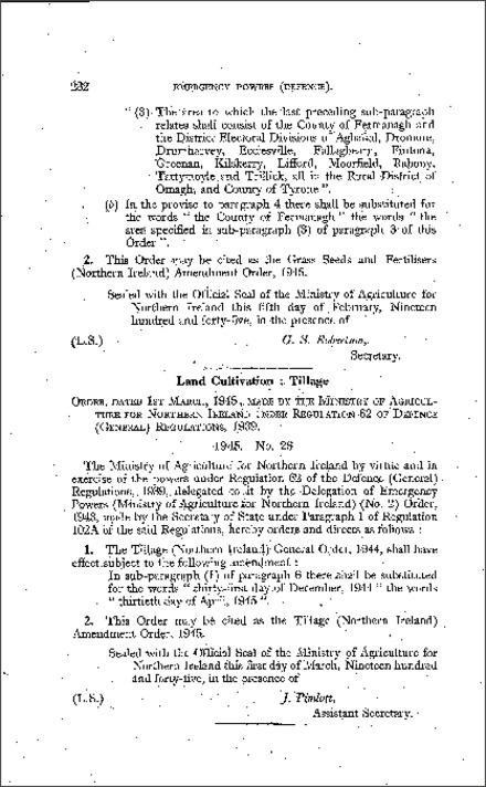 The Tillage Amendment Order (Northern Ireland) 1945