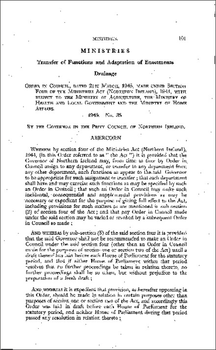 The Ministries (Transfer of Drainage Functions) Order (Northern Ireland) 1945