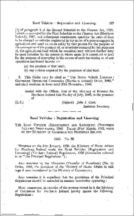 The Road Vehicles (Registration and Licensing) (Amendment) Regulations (Northern Ireland) 1945