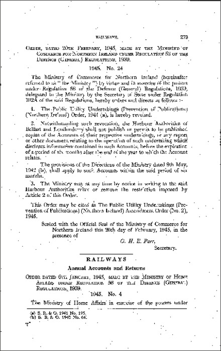 The Railways (Annual Accounts and Returns) Order (Northern Ireland) 1945