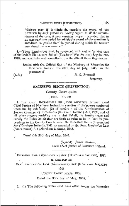 The Excessive Rents (Prevention) County Court Rules (Northern Ireland) 1945
