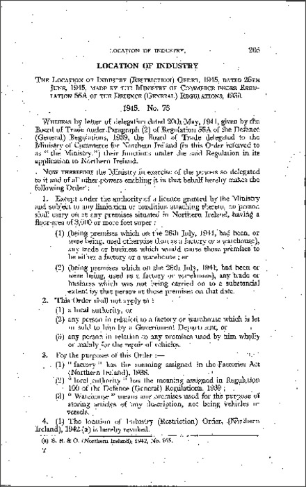 The Location of Industry (Restriction) Order (Northern Ireland) 1945