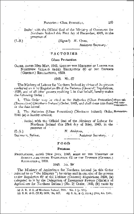 The Lifting of Potatoes (Prohibition) Order (Northern Ireland) 1945