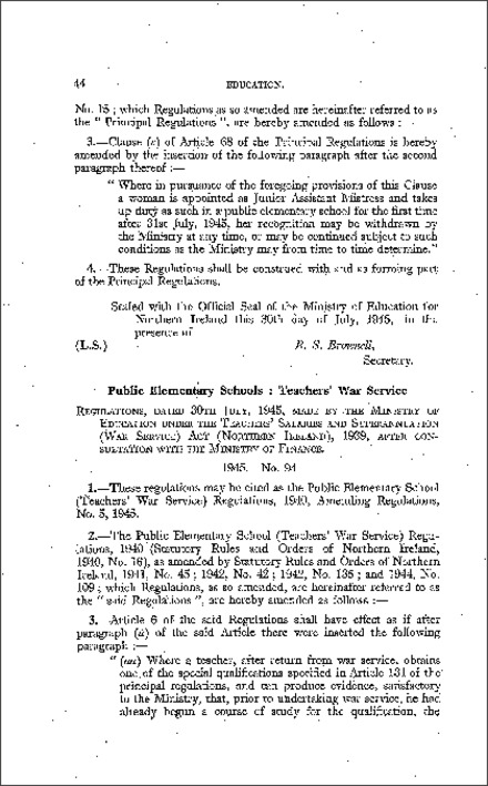 The Public Elementary Schools (Teachers' War Service) Amendment No. 5 Regulations (Northern Ireland) 1945