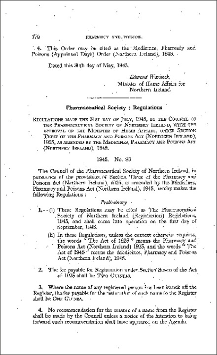 The Pharmaceutical Society of Northern Ireland (Registration) Regulations (Northern Ireland) 1945